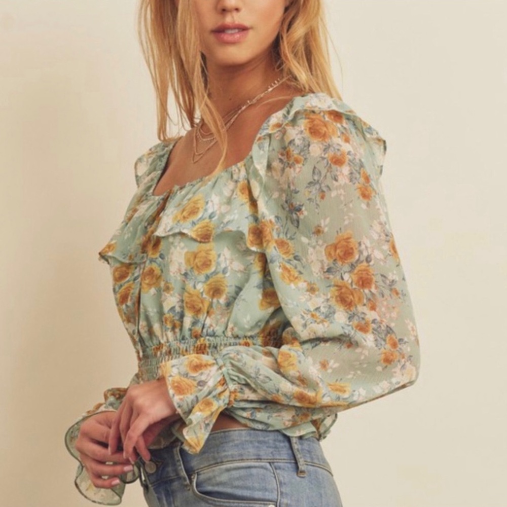 Peasant Prairie Floral Print Smocked Waist Ruffle Blouse Top Women’s Sizes NWT - Picture 7 of 11